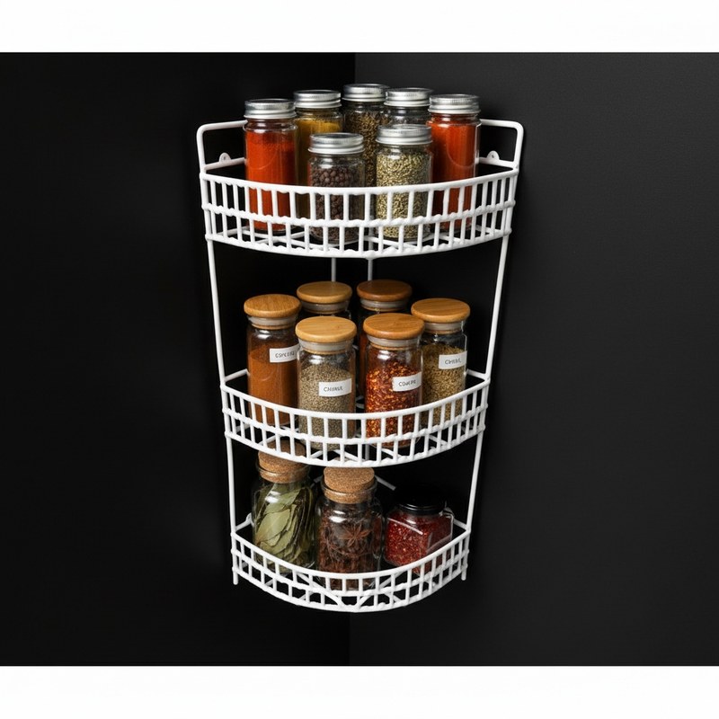 Premium 3-Tier White Metal Wire Corner Spice Rack Organizer, Space-Saving Countertop and Cabinet Storage Solution for Kitchen, Pantry, and Bathroom Essentials, Durable Rust-Resista