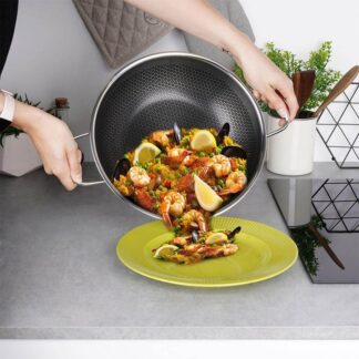 SKB Cookware Honeycomb Print Wok Pan with Glass lid 3 layer Stainless Steel body Nonstick Coating