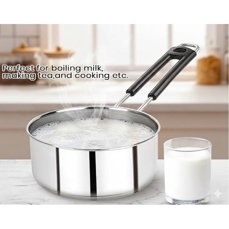 Heavy Gauge Stainless Steel Sauce Pan, Tea Pan, Milk Pan Pot Tapeli Patila Milk Boiler Induction & Gas Compatible Heat-Resistant Bakelite Handle (Silver 1.5 Litre)