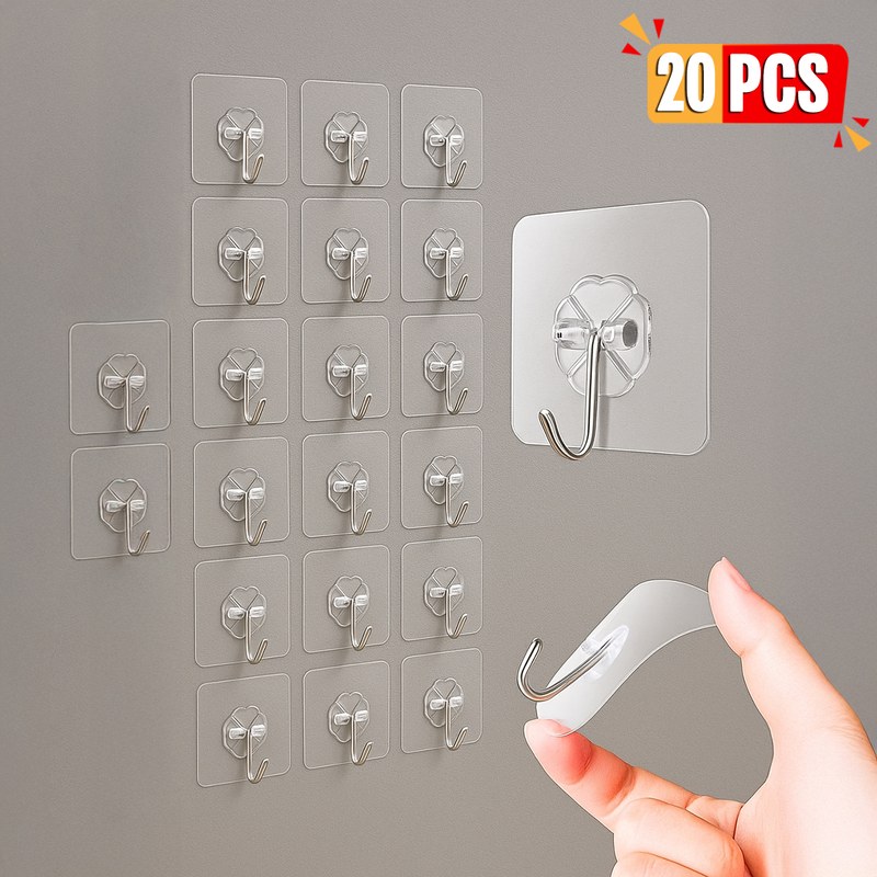 Transparent Self Adhesive 20pcs Hanger Hooks Heavy Duty Wall Hooks for Kitchen Bathroom Bedroom Office Home Organization