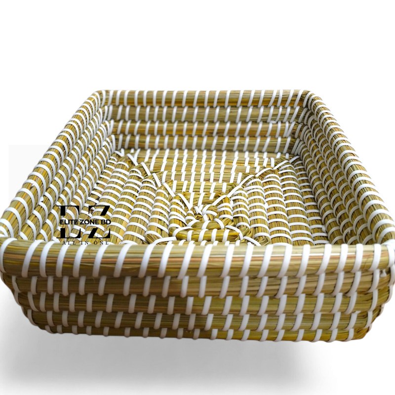 Premium Handwoven Hogla Grass Square Storage Basket - Natural Eco-Friendly Handcrafted Organizer Jhuri for Home, Kitchen & Wardrobe Dressing Table Organization