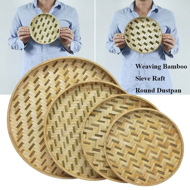 Handmade Weaving Bamboo Sieve Raft Round Dustpan DIY Decorative Fruit Bread Basket Kitchen Storage Trays Home Decor