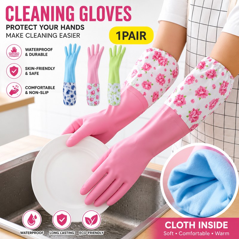 Hand Gloves Waterproof Kitchen Long Sleeves – Reusable Long Sleeve Dishwashing Gloves with Comfortable Inner Lining, Anti-Slip Grip for Kitchen Cleaning, Laundry, Bathroom & Househ